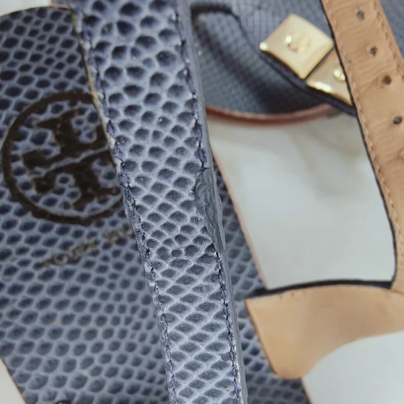 Tory Burch Navy Snake Print Leather Studded T-strap Block Heel Sandals, 10.5 - Picture 15 of 15